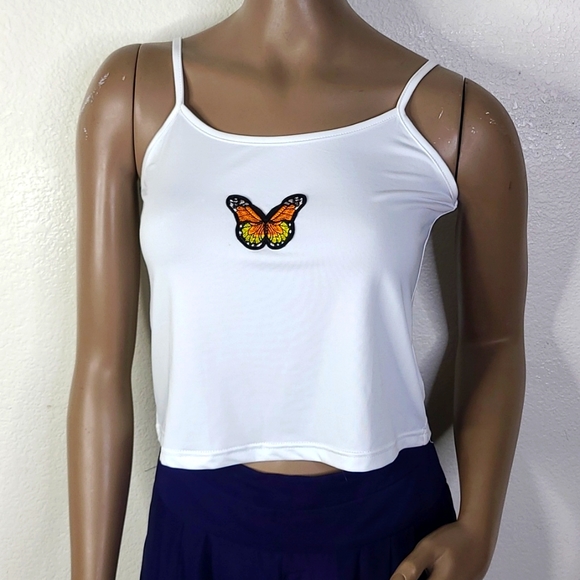 ROMWE Tops - Tank Top Size Small White Monarch Butterfly Patch Cute Everyday Casual EUC Basic